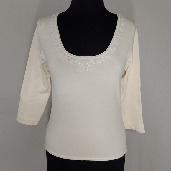 Il gilet Silk Knit Top Medium Beaded Scoop Neck Elbow Sleeve Stretch Swearwe - Picture 1 of 8